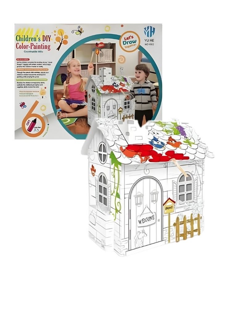 Premium Children DIY Cardboard House Painting Kit, Color-Your-Own Playhouse Craft Toy with Paint Tools for Creative Play - Image 1